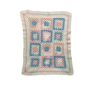 Vintage Baby Blanket Crocheted White Blue Pink Granny Square 39 x 30 Inch